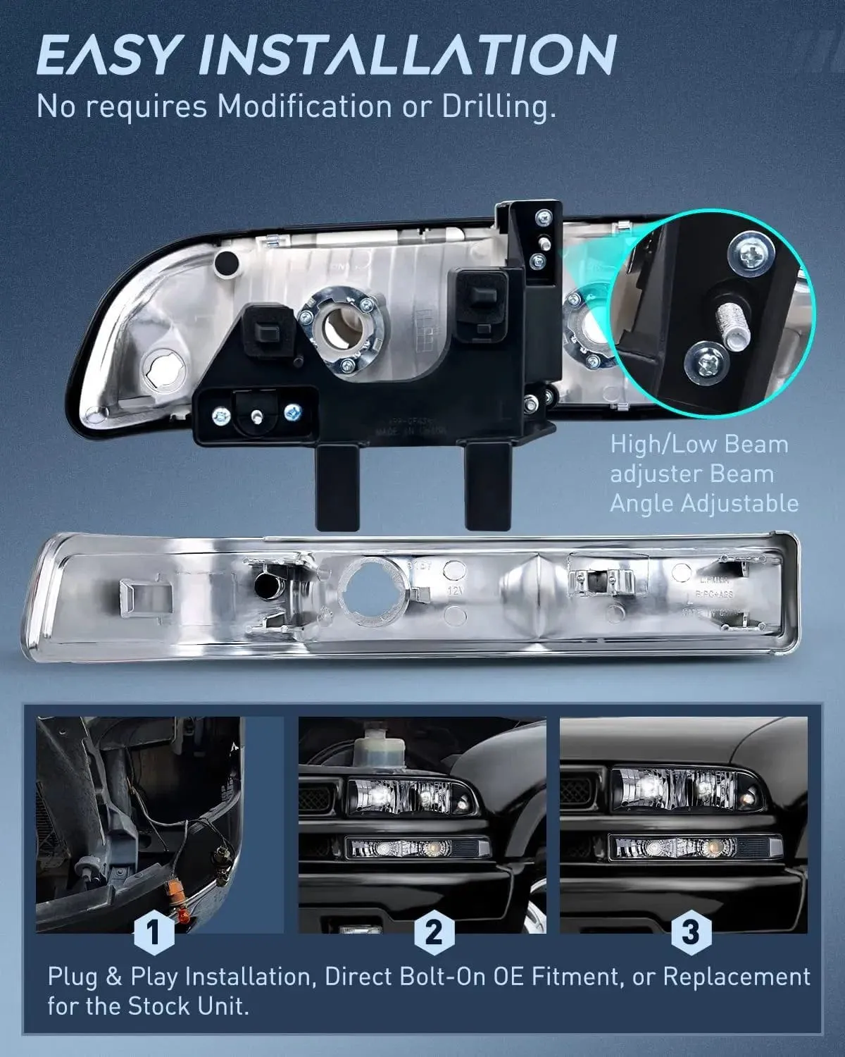 1998-2005 Chevy Blazer S10 Pickup Headlight Assembly Black Case Clear Reflector