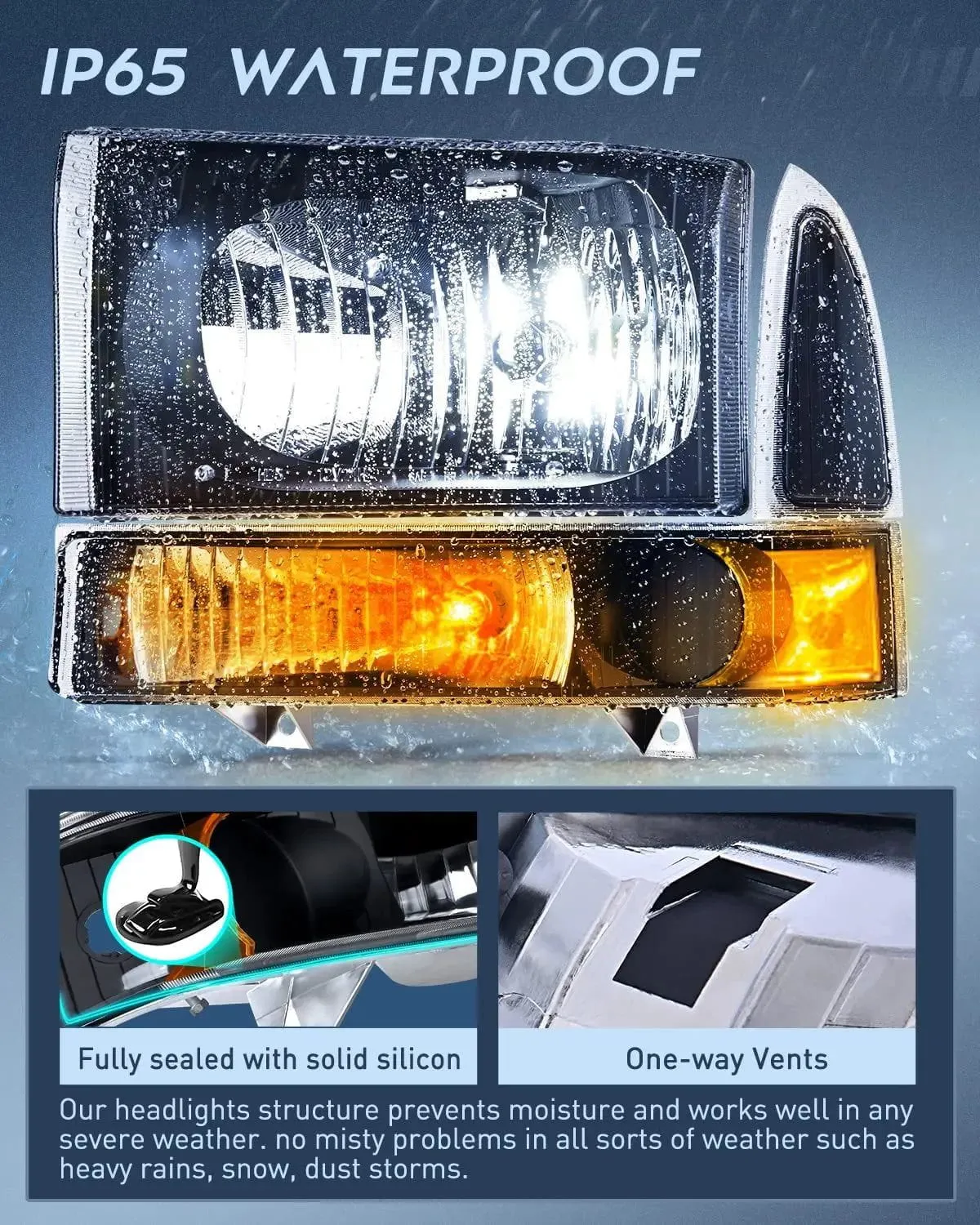 1999-2004 Ford F250 F350 F450 F550 Headlight Assembly Black Case Amber Reflector