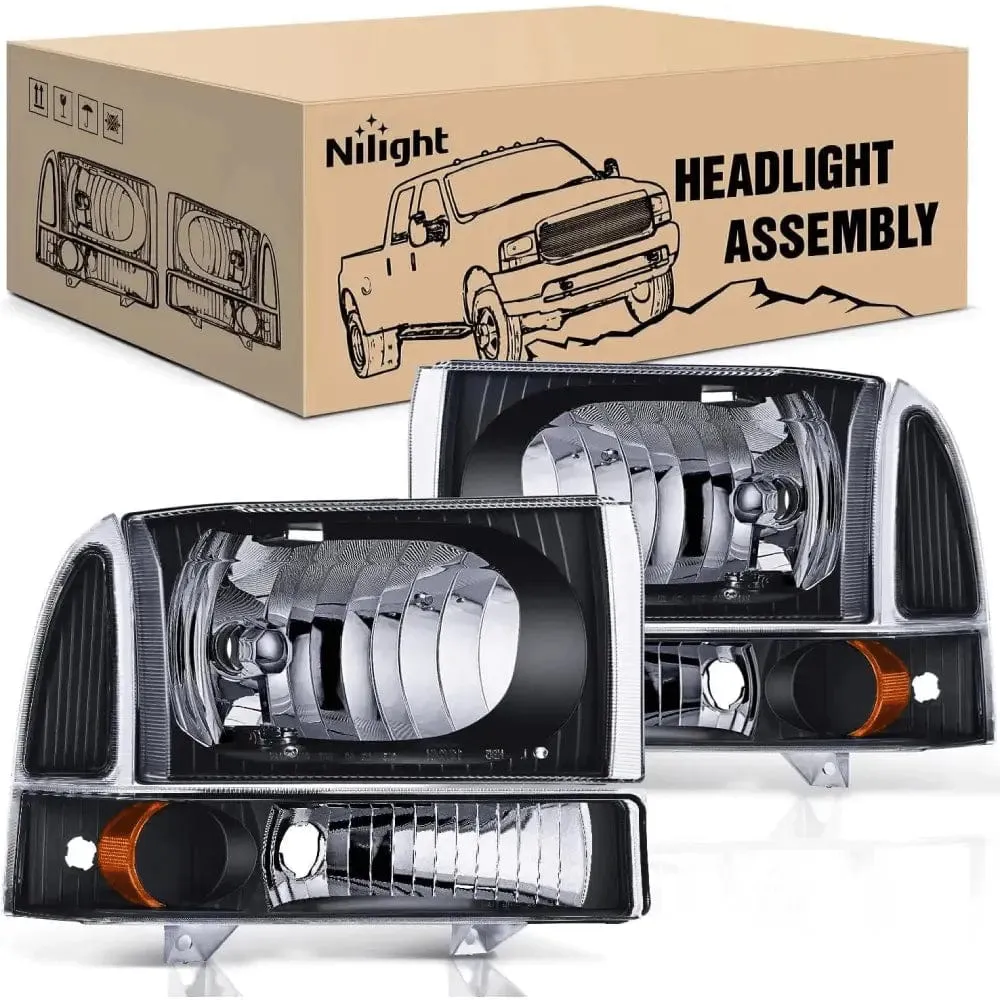 1999-2004 Ford F250 F350 F450 F550 Headlight Assembly Black Case Amber Reflector