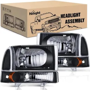 1999-2004 Ford F250 F350 F450 F550 Headlight Assembly Black Case Amber Reflector