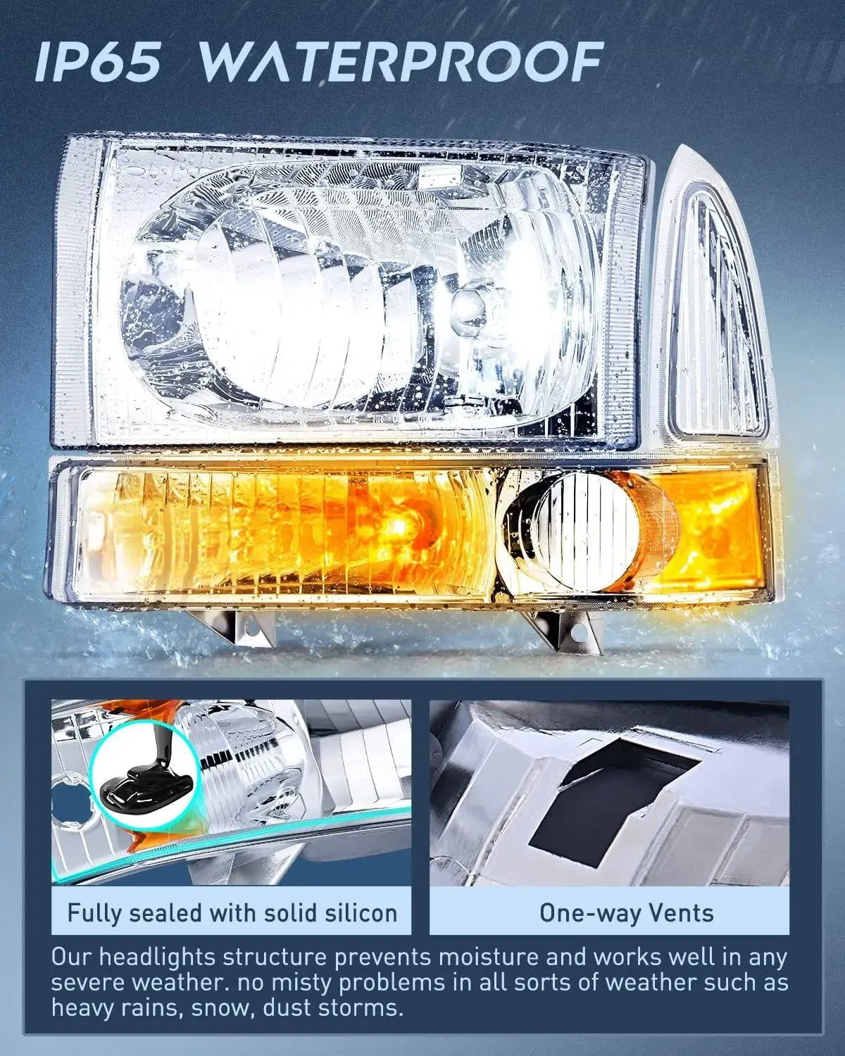 1999-2004 Ford F250 F350 F450 F550 Headlight Assembly Chrome Case Amber Reflector