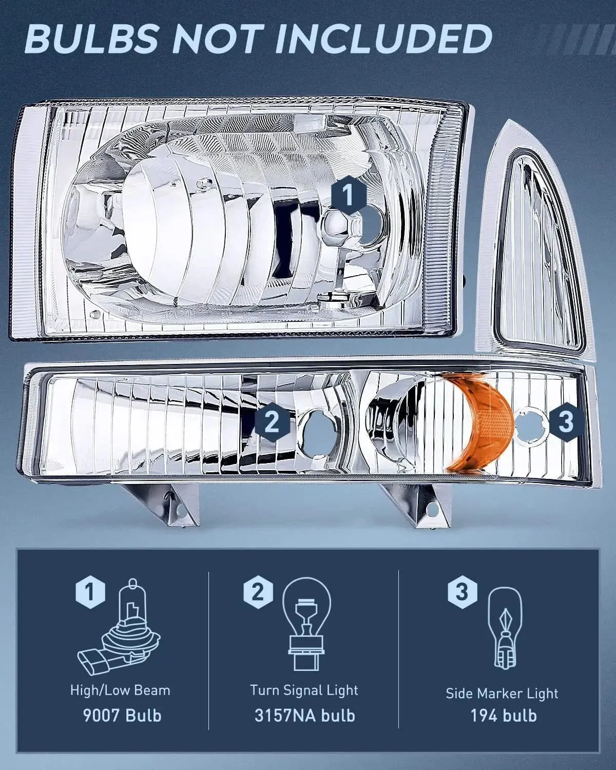 1999-2004 Ford F250 F350 F450 F550 Headlight Assembly Chrome Case Amber Reflector