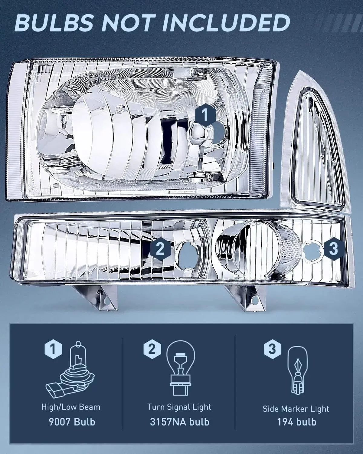 1999-2004 Ford F250 F350 F450 F550 Headlight Assembly Chrome Case Clear Reflector