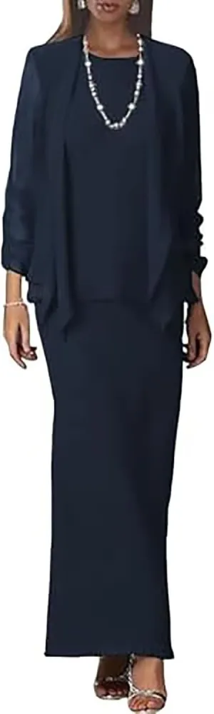 2 PCS Chiffon Mother of The Bride Dresses for Wedding Long Sleeve Evening Dresses for Women with Jacket