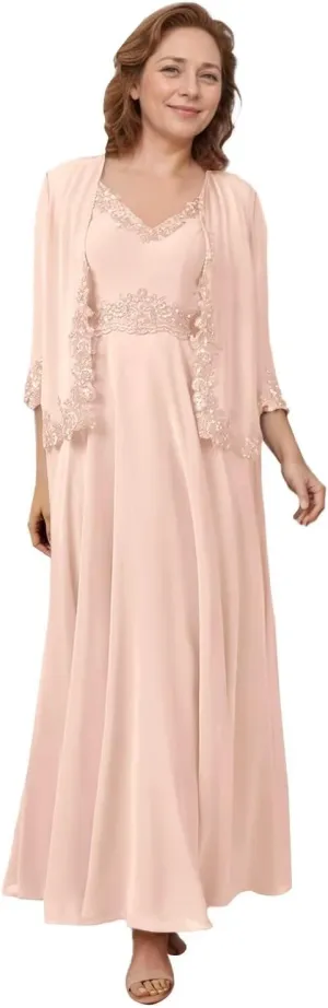 2 Piece Mother of The Bride Dresses Lace Chiffon V Neck Grandmother of The Groom Dresses