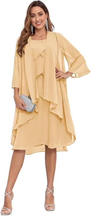 2 Pieces Mother of The Bride Dress for Wedding Knee Length Ruffles A-Line Chiffon Formal Gown with Jacket