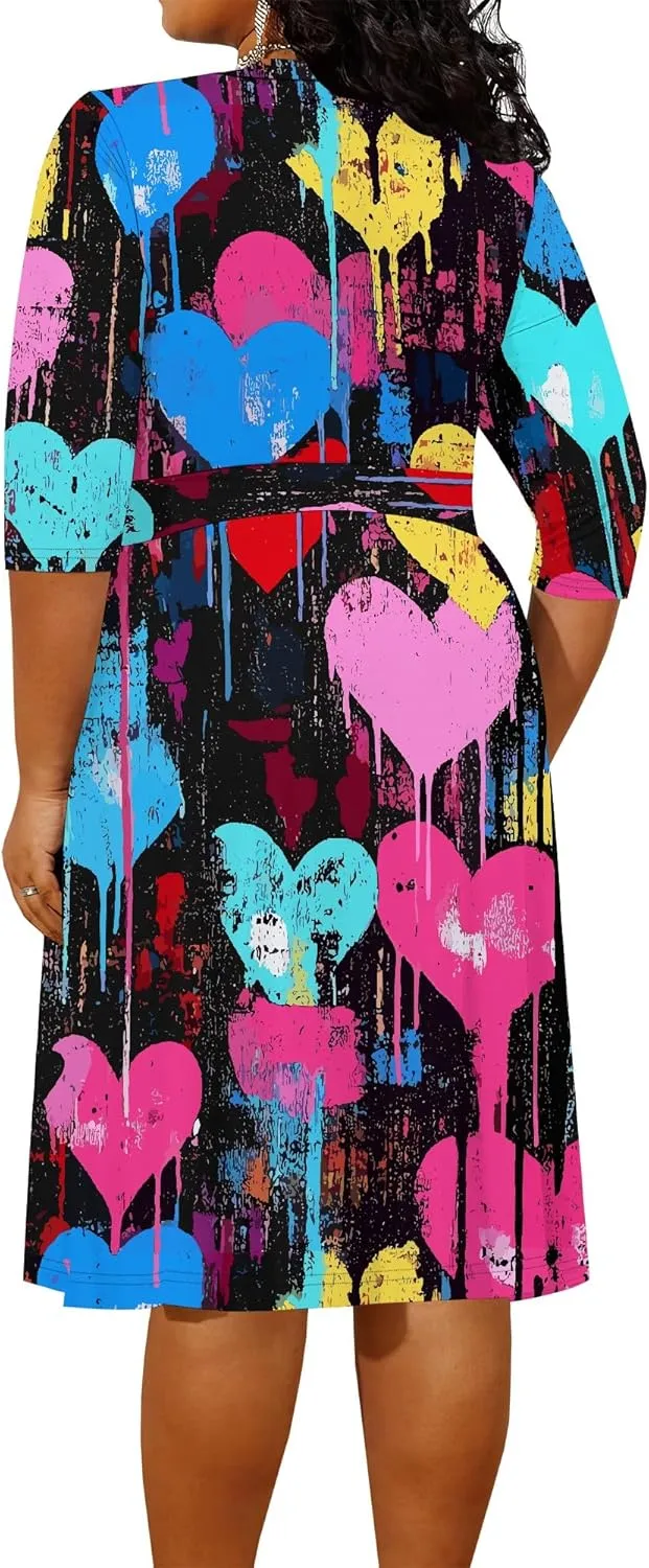 3/4 Sleeve Dress for Women Plus Size Midi Dresses Summer V Neck High Waist Wrap Dress with Belt Beach Vacation