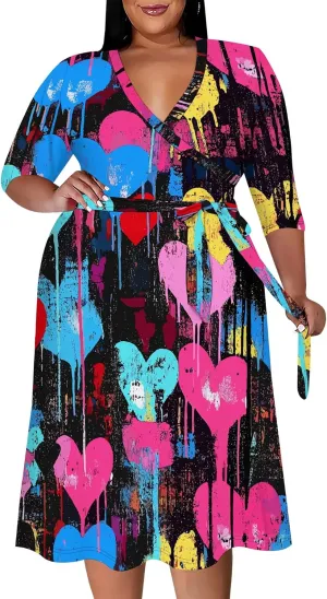 3/4 Sleeve Dress for Women Plus Size Midi Dresses Summer V Neck High Waist Wrap Dress with Belt Beach Vacation