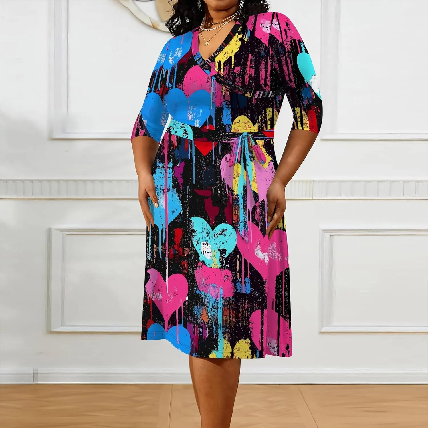 3/4 Sleeve Dress for Women Plus Size Midi Dresses Summer V Neck High Waist Wrap Dress with Belt Beach Vacation