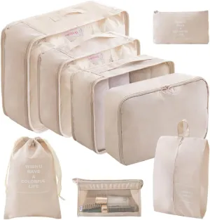 8 Piece Set to Organize Suitcase with ompressing Small/Medium/Large Mesh Clothing Bags, Laundry Bag, Shoe Bag, Underwear Cube, Drawstring Bag, Sock Bag and Cosmetic Bag (Beige)