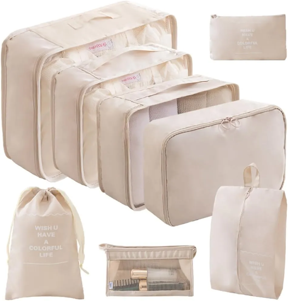 8 Piece Set to Organize Suitcase with ompressing Small/Medium/Large Mesh Clothing Bags, Laundry Bag, Shoe Bag, Underwear Cube, Drawstring Bag, Sock Bag and Cosmetic Bag (Beige)