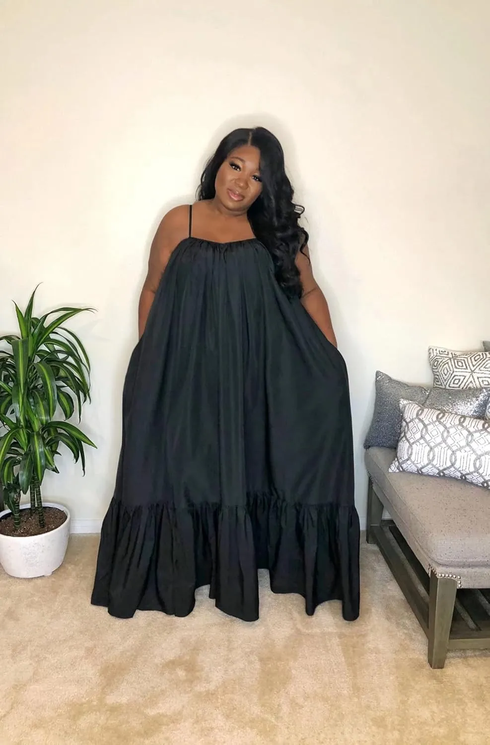 Adogirl Women's Sexy Spaghetti Strap Sleeveless Ruched Ruffle Hem Bandage Oversized Beach Loose Long Maxi Swing Dress