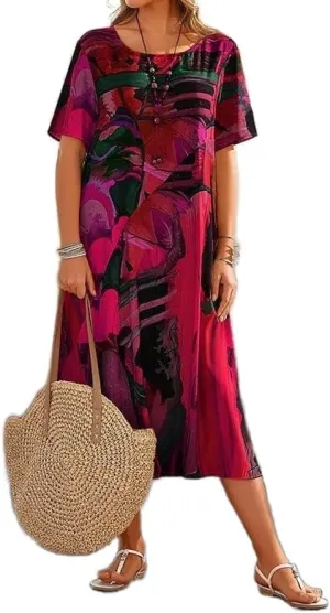 Akivide Women's Summer Boho Floral Loose Midi Tshirt Dress Casual Baggy Short Sleeve Beach Vacation Dresses