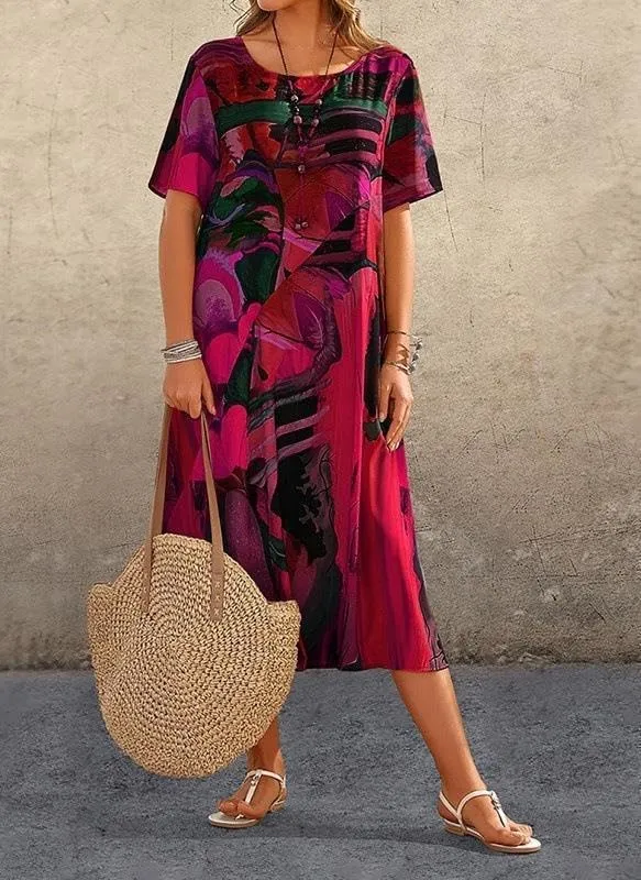 Akivide Women's Summer Boho Floral Loose Midi Tshirt Dress Casual Baggy Short Sleeve Beach Vacation Dresses