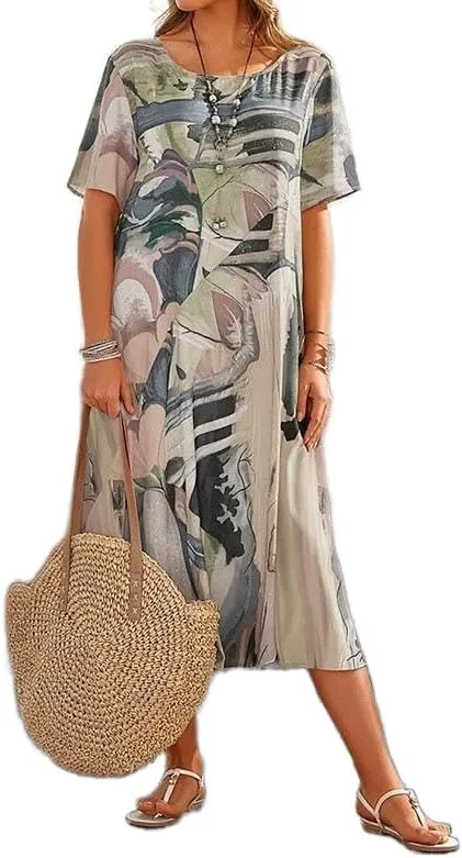 Akivide Women's Summer Boho Floral Loose Midi Tshirt Dress Casual Baggy Short Sleeve Beach Vacation Dresses