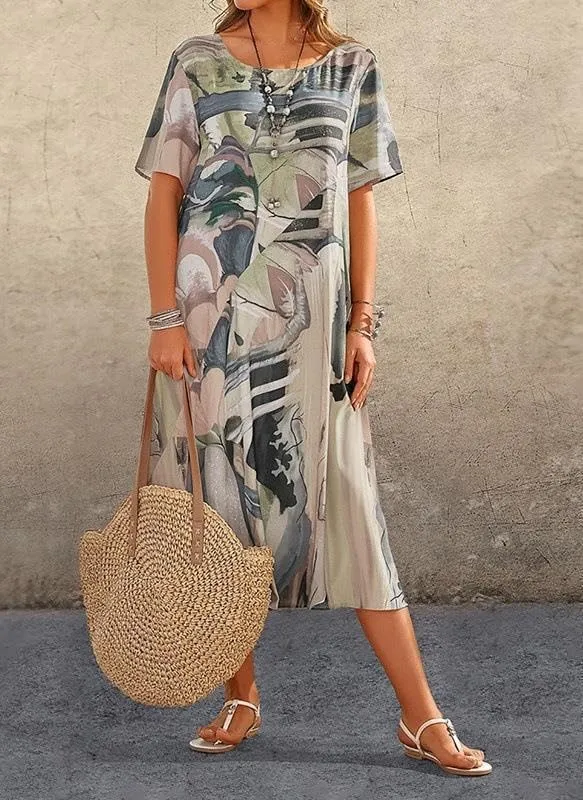 Akivide Women's Summer Boho Floral Loose Midi Tshirt Dress Casual Baggy Short Sleeve Beach Vacation Dresses
