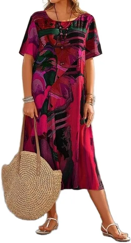 Akivide Women's Summer Boho Floral Loose Midi Tshirt Dress Casual Baggy Short Sleeve Beach Vacation Dresses