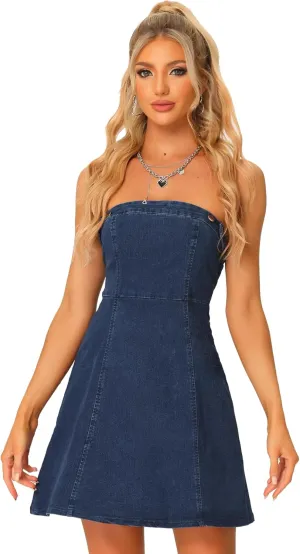 Allegra K Women's Strapless Jean Dresses Sexy Sleeveless One Piece Outfits Denim Dress