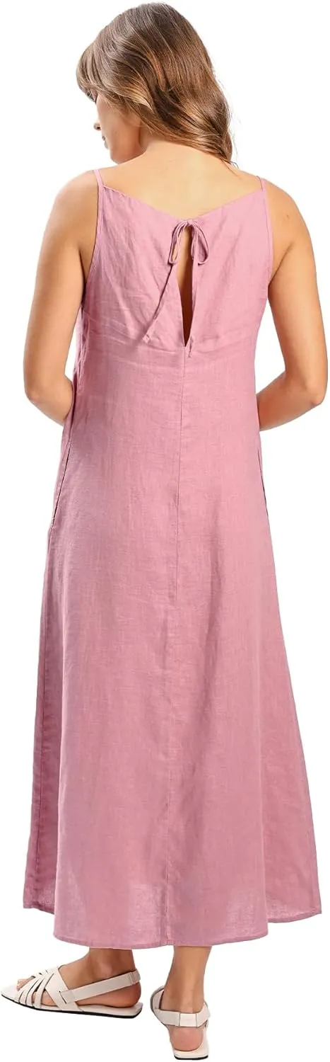 Amazhiyu Women's 100% Linen Casual Summer Sleevelesss Black Tie Maxi Dresses