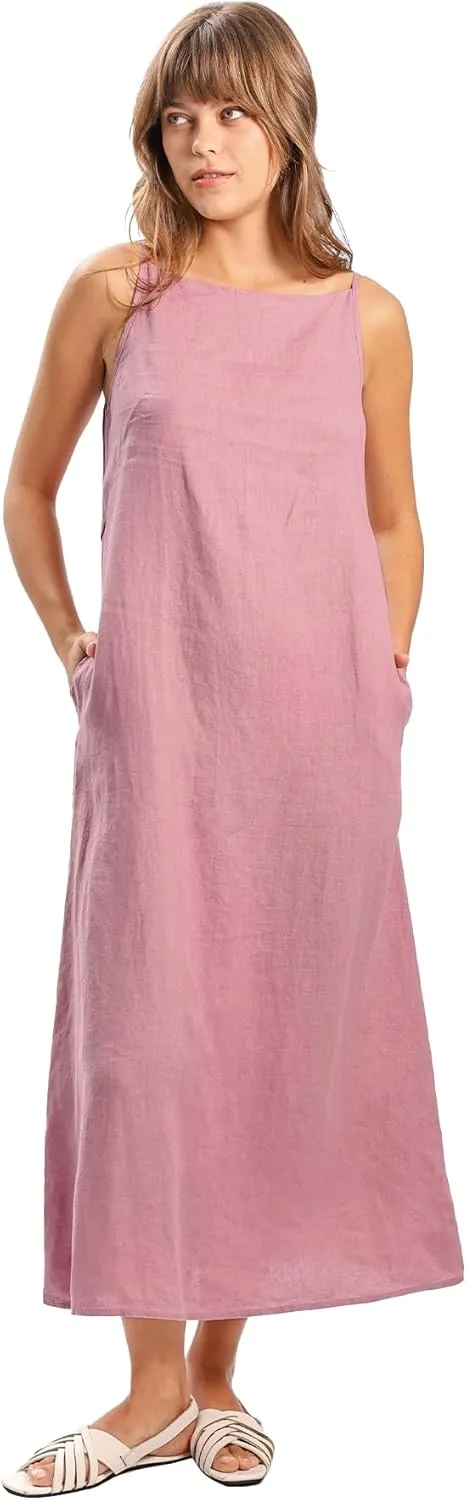 Amazhiyu Women's 100% Linen Casual Summer Sleevelesss Black Tie Maxi Dresses