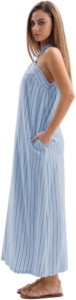 Amazhiyu Women's Linen Striped Halter Sleeveless Maxi Dresses Summer with Pockets