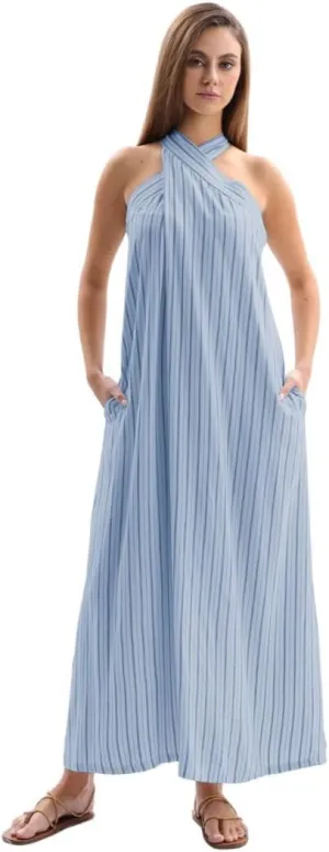 Amazhiyu Women's Linen Striped Halter Sleeveless Maxi Dresses Summer with Pockets