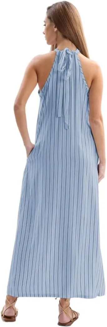 Amazhiyu Women's Linen Striped Halter Sleeveless Maxi Dresses Summer with Pockets