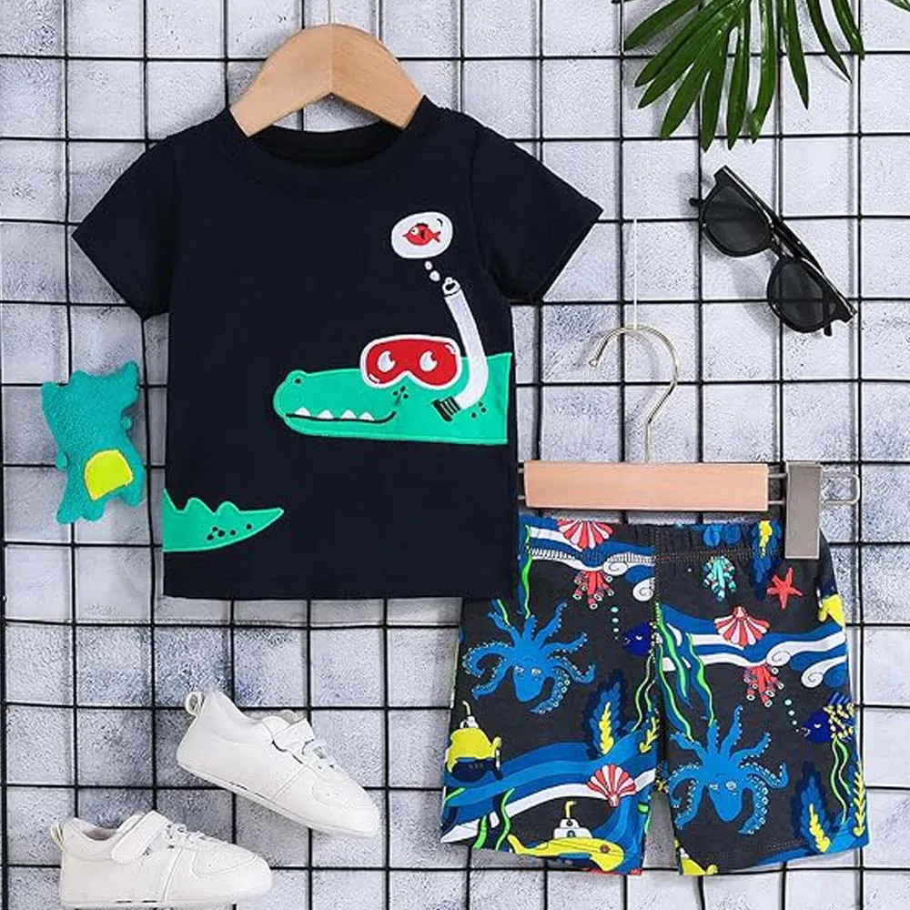 Animal Applique T-Shirt With Shorts- White & Blue