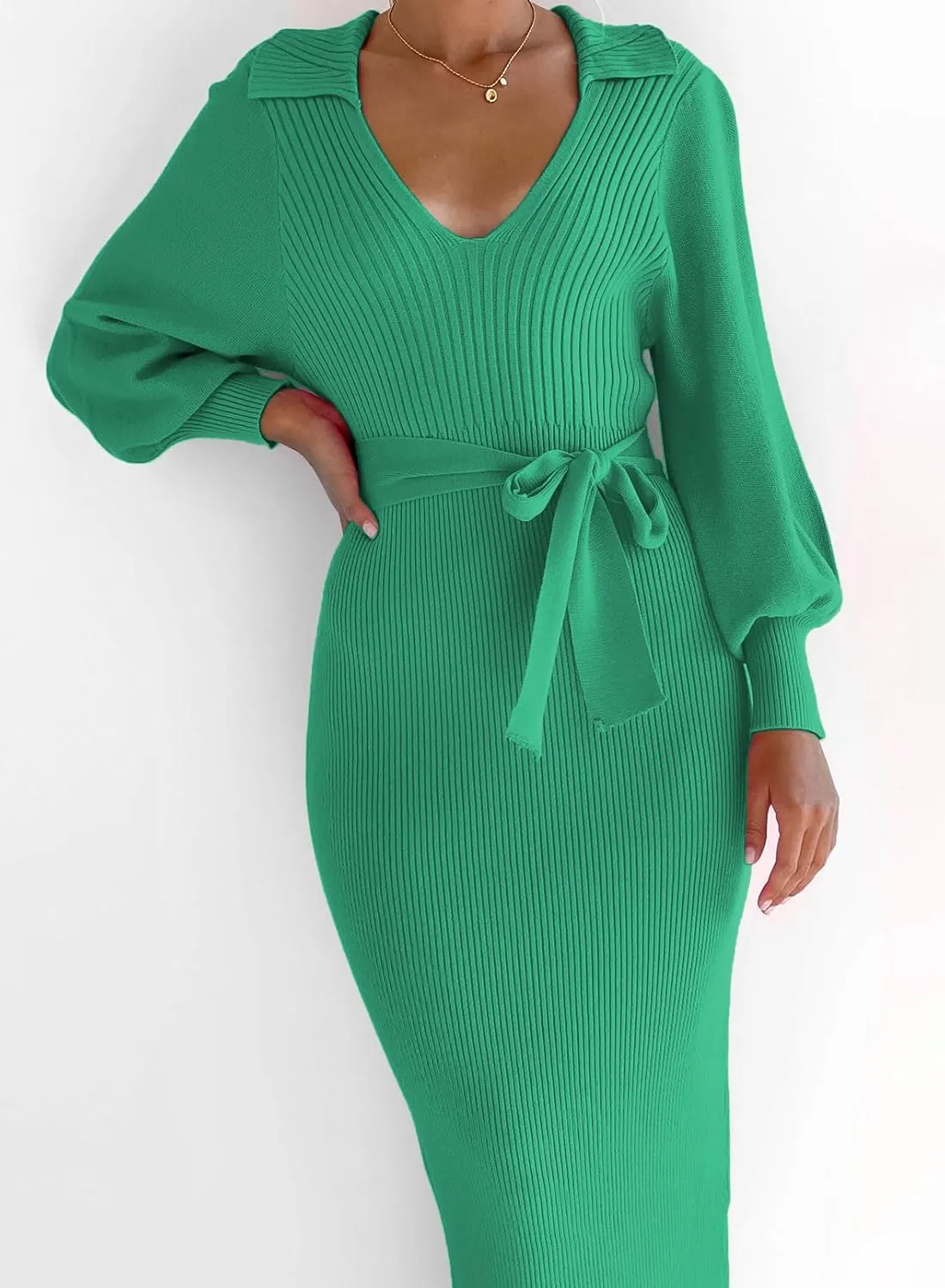ARTFREE Women's Ribbed Sweater Wrap Dress Elegant Long Sleeve V Neck Knit Bodycon Maxi Dresses with Belt