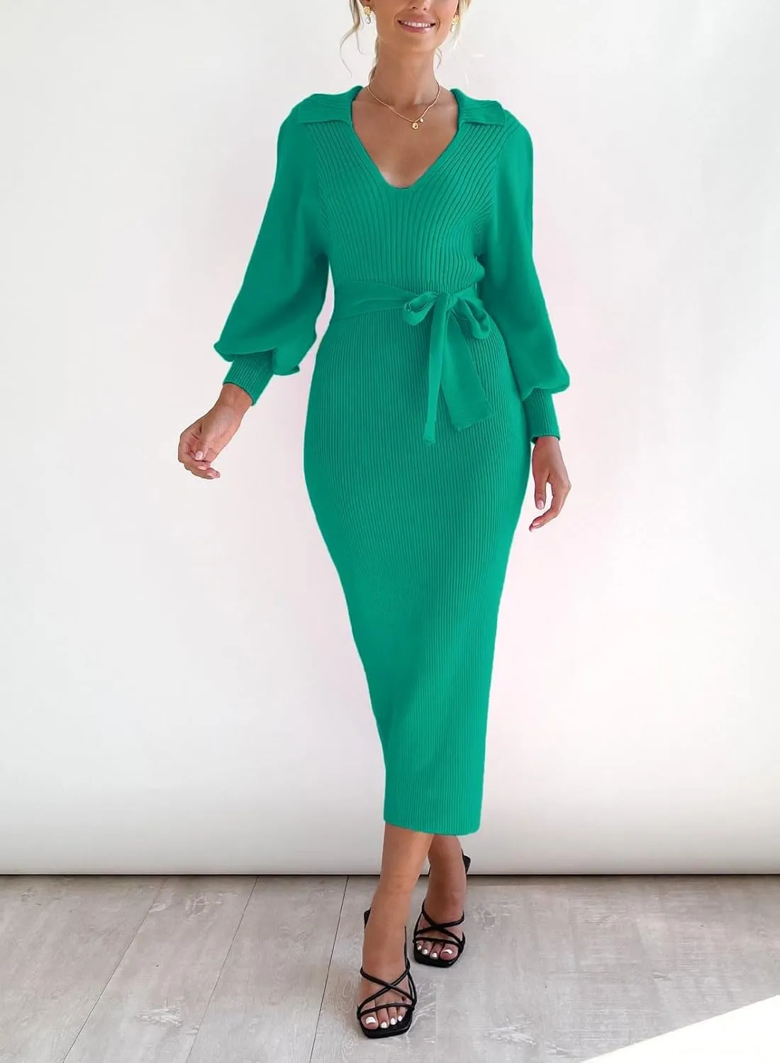 ARTFREE Women's Ribbed Sweater Wrap Dress Elegant Long Sleeve V Neck Knit Bodycon Maxi Dresses with Belt