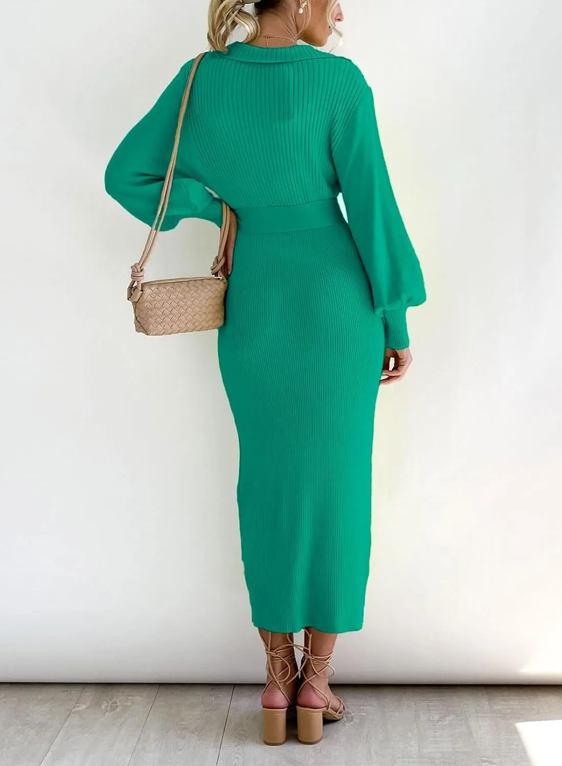 ARTFREE Women's Ribbed Sweater Wrap Dress Elegant Long Sleeve V Neck Knit Bodycon Maxi Dresses with Belt