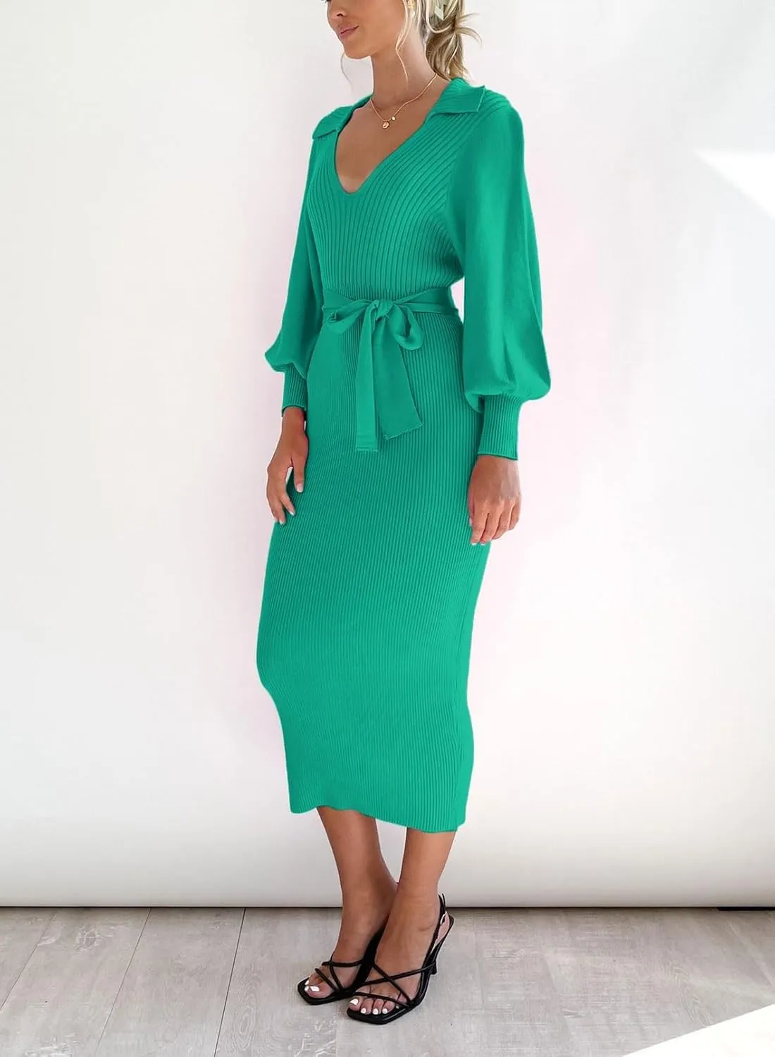 ARTFREE Women's Ribbed Sweater Wrap Dress Elegant Long Sleeve V Neck Knit Bodycon Maxi Dresses with Belt