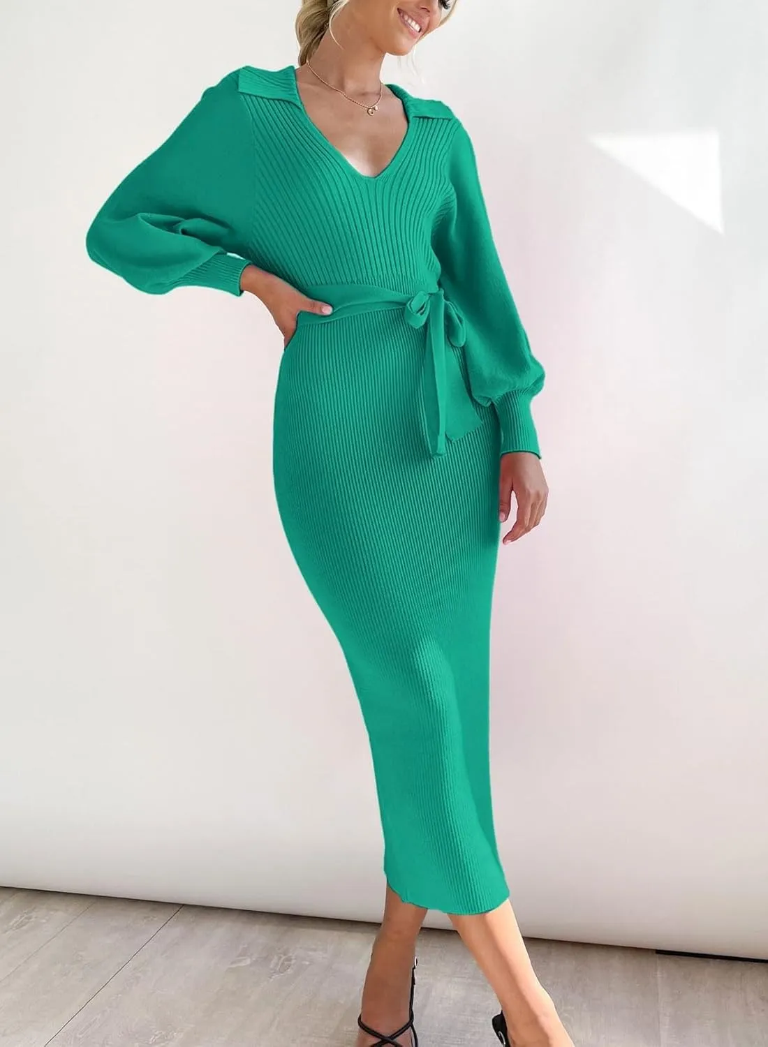 ARTFREE Women's Ribbed Sweater Wrap Dress Elegant Long Sleeve V Neck Knit Bodycon Maxi Dresses with Belt