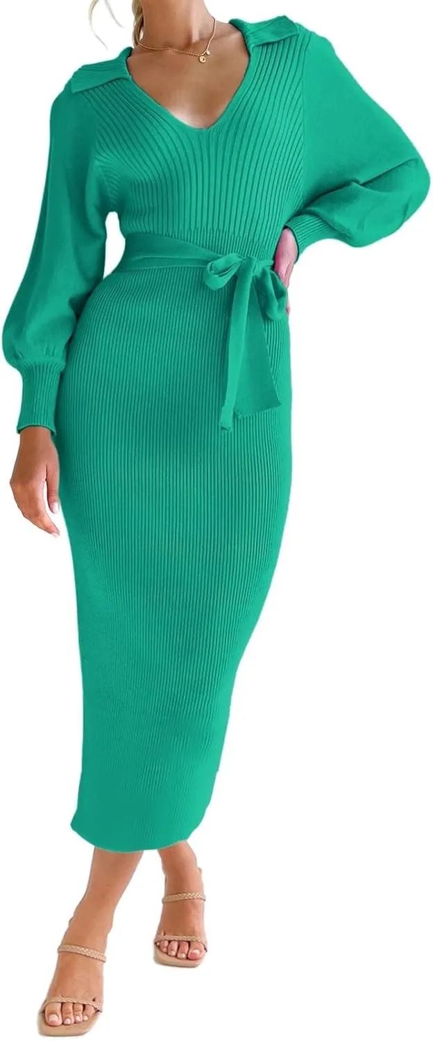 ARTFREE Women's Ribbed Sweater Wrap Dress Elegant Long Sleeve V Neck Knit Bodycon Maxi Dresses with Belt