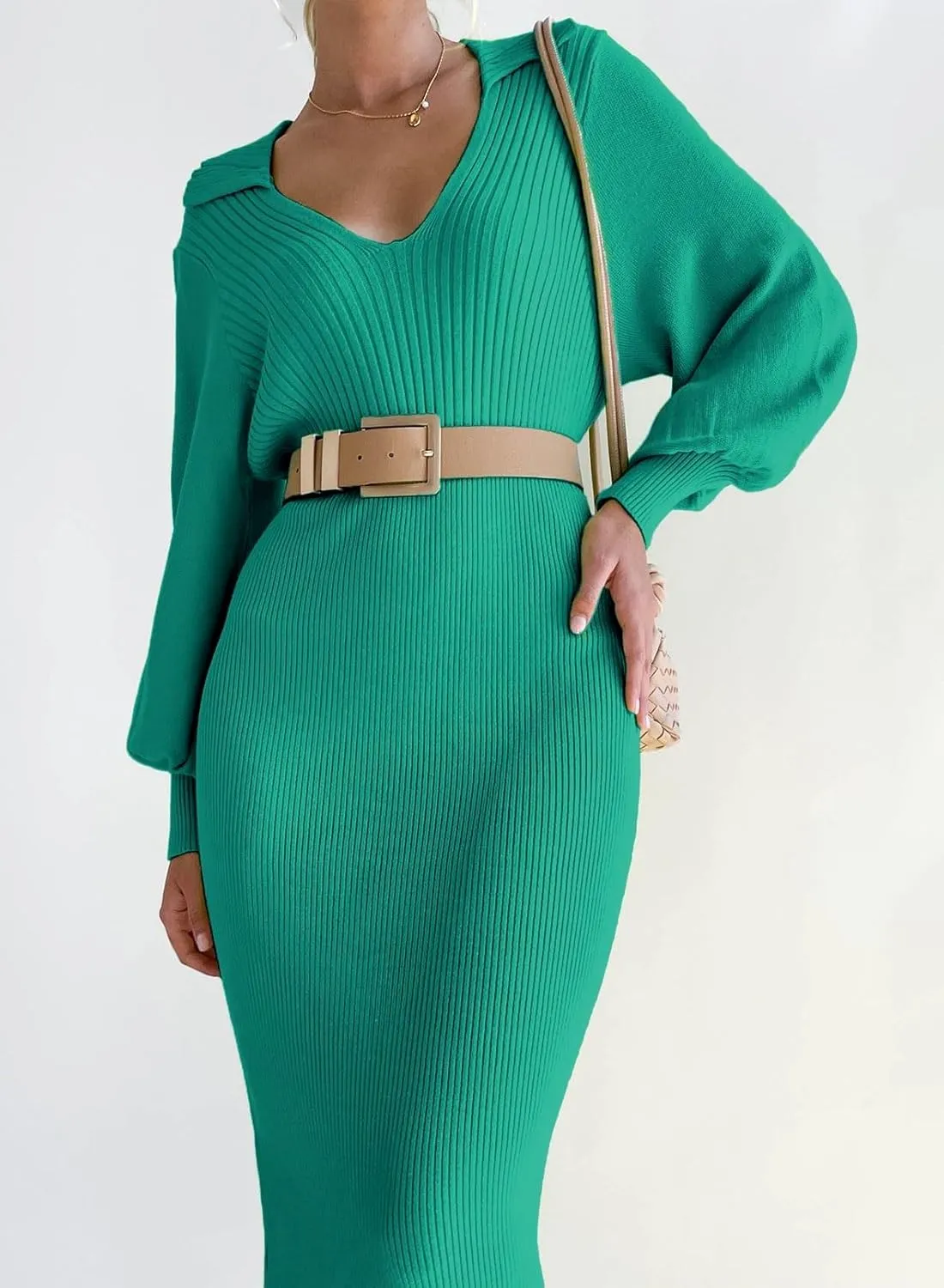 ARTFREE Women's Ribbed Sweater Wrap Dress Elegant Long Sleeve V Neck Knit Bodycon Maxi Dresses with Belt
