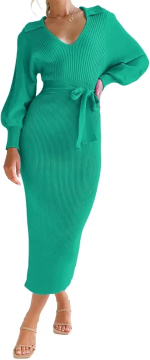 ARTFREE Women's Ribbed Sweater Wrap Dress Elegant Long Sleeve V Neck Knit Bodycon Maxi Dresses with Belt
