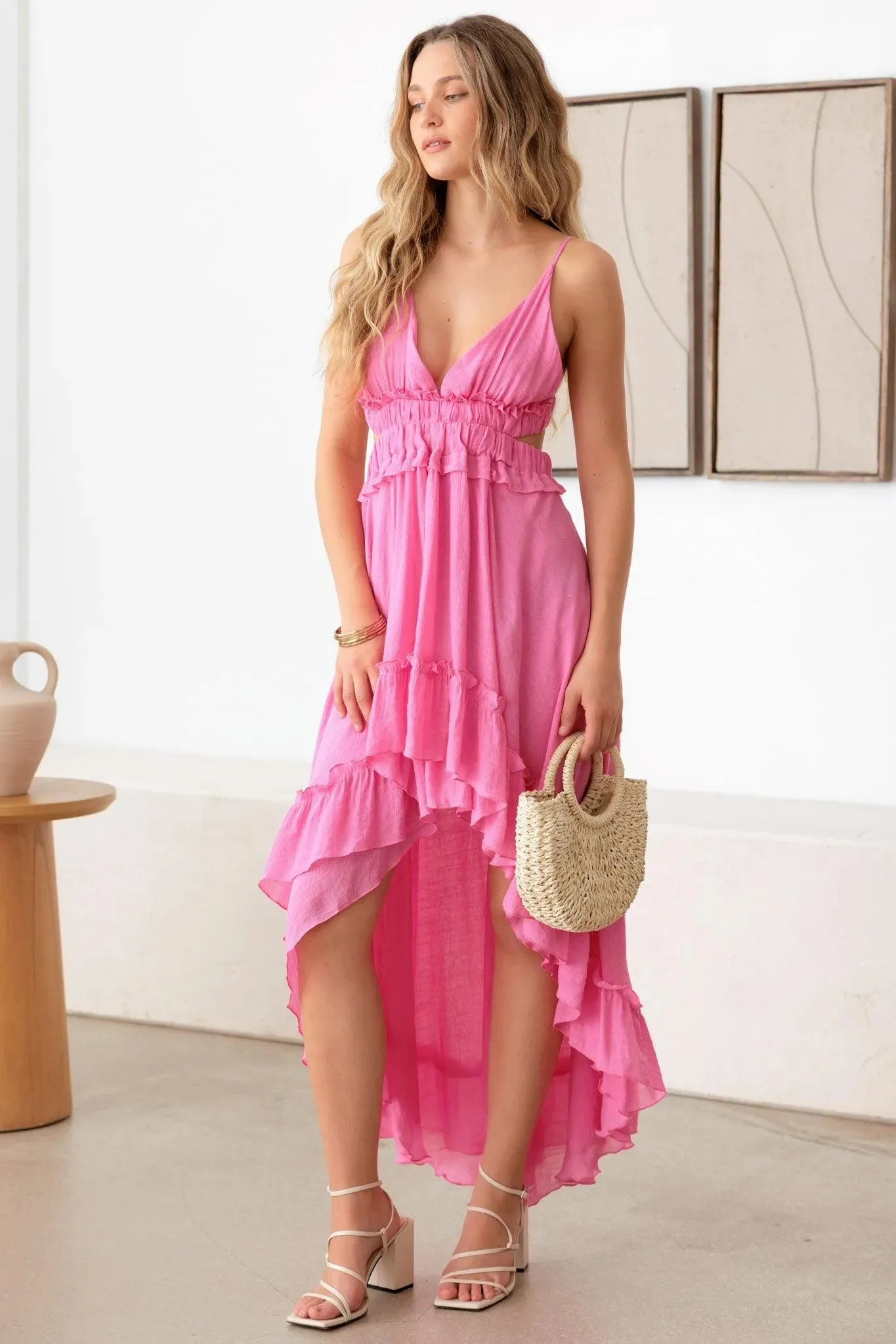 Asymmetric Ruffle Open Back Cutout Flair Dress