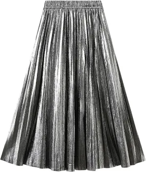BAIMORE Women's Elegant Glitter Metallic Elastic Waist A Line Swing Accordion Pleated Midi Skirt