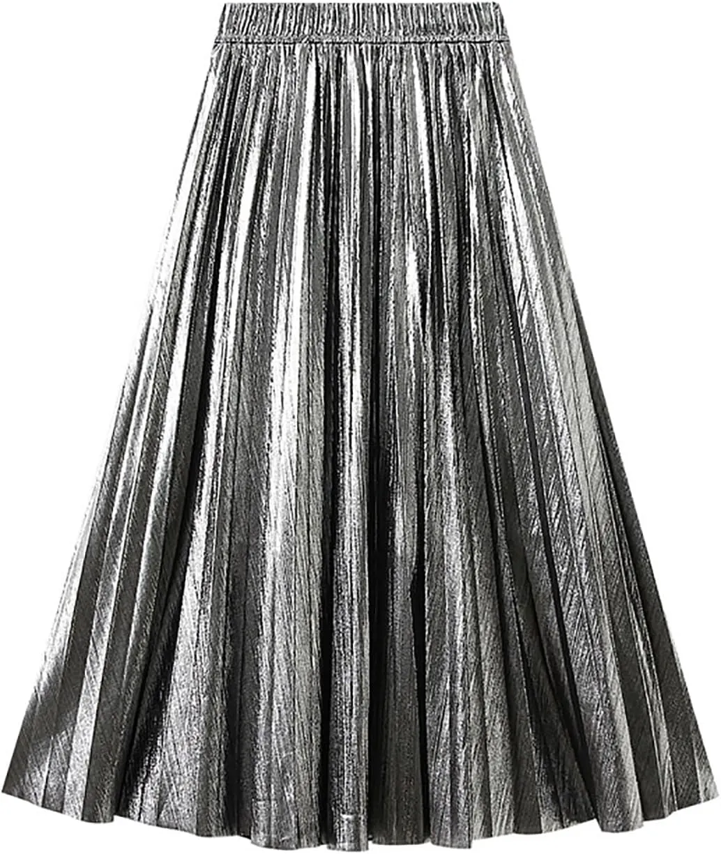BAIMORE Women's Elegant Glitter Metallic Elastic Waist A Line Swing Accordion Pleated Midi Skirt