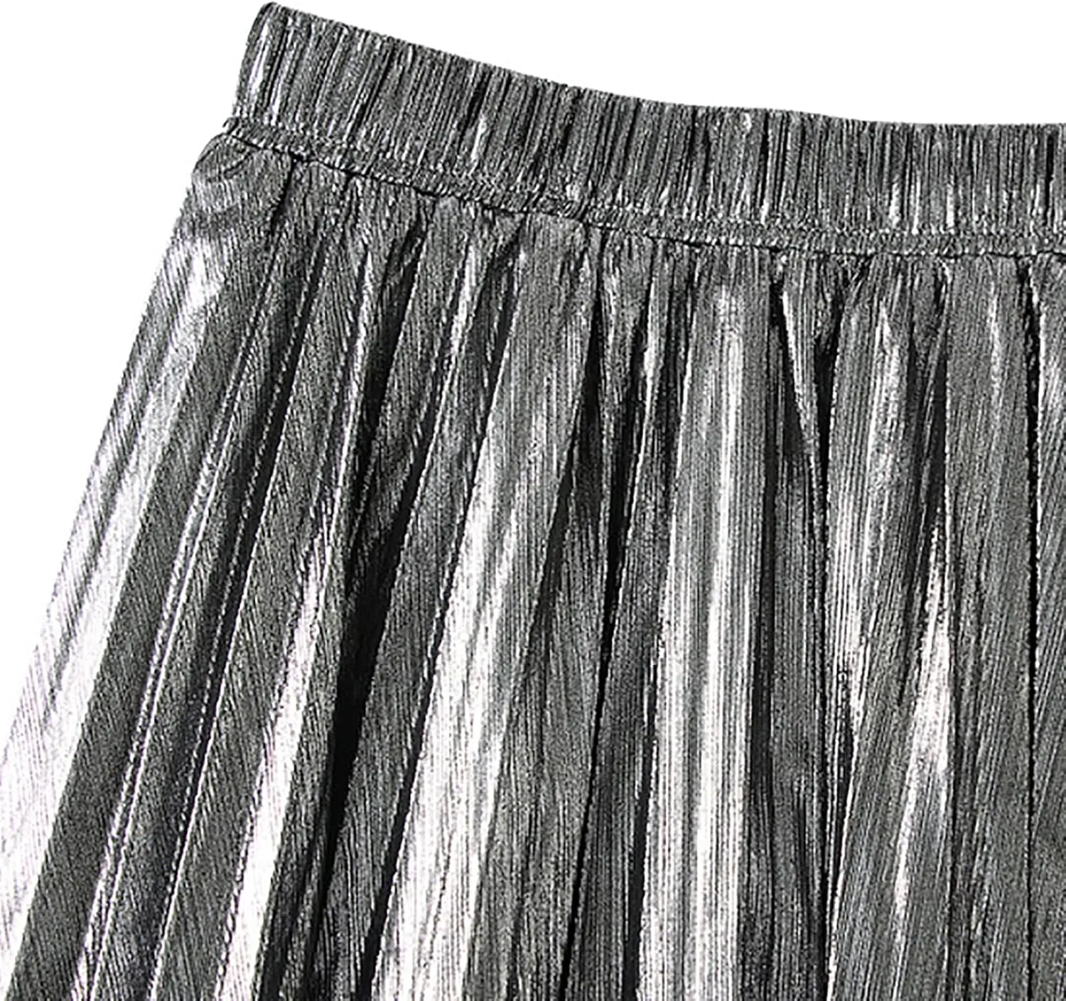 BAIMORE Women's Elegant Glitter Metallic Elastic Waist A Line Swing Accordion Pleated Midi Skirt
