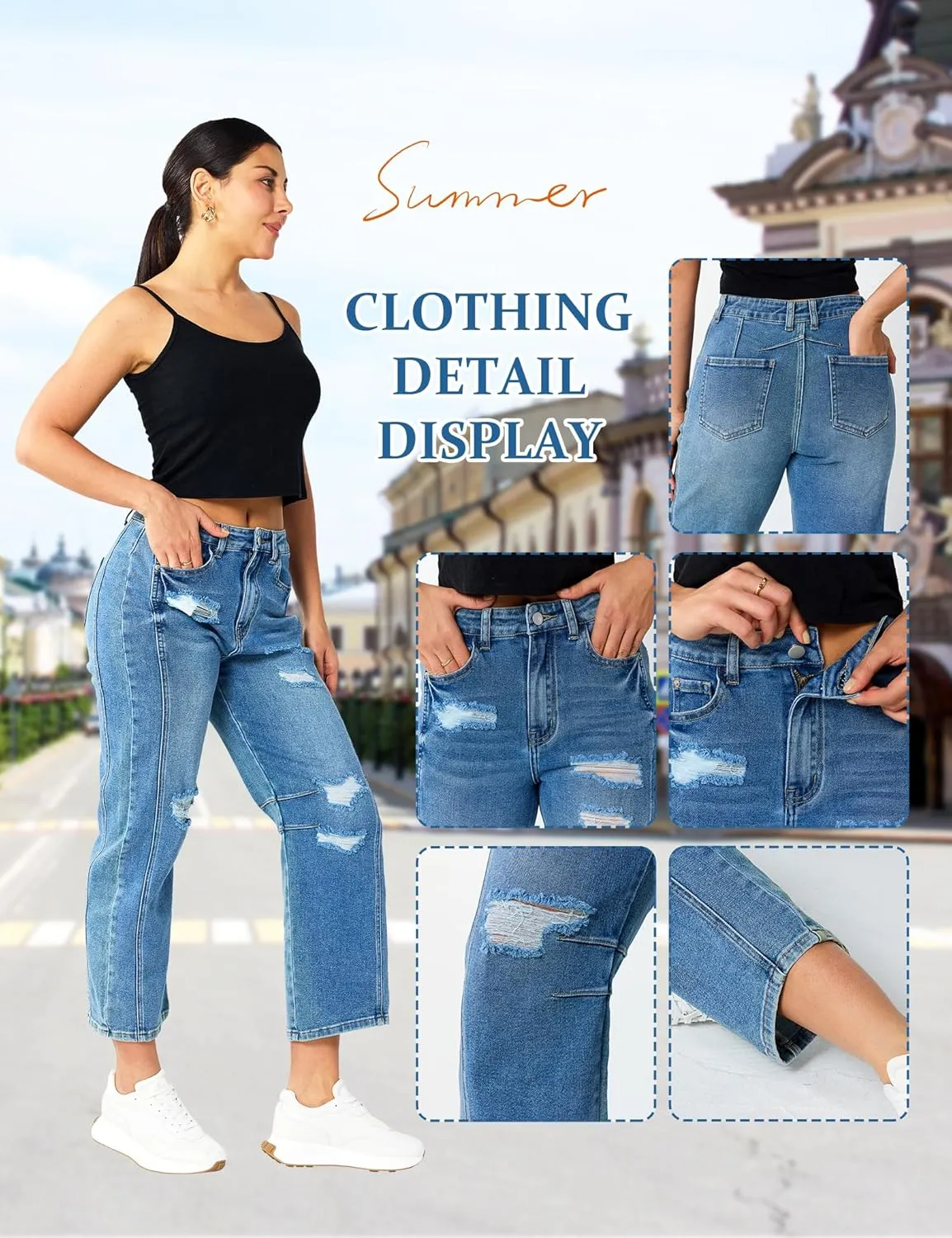 Barrel Jeans Women Stretchy Fabric & Ripped Style Wide Leg Ankle Pants, Suit for Midsize Woman Everyday Casual