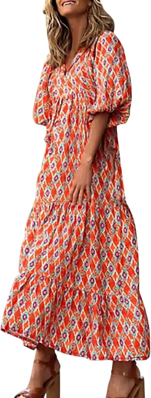 Boho Maxi Dresses for Women 2025 Summer Casual Loose Fit Long Beach Dress Half Sleeve V Neck Flowy Tiered Sundresses
