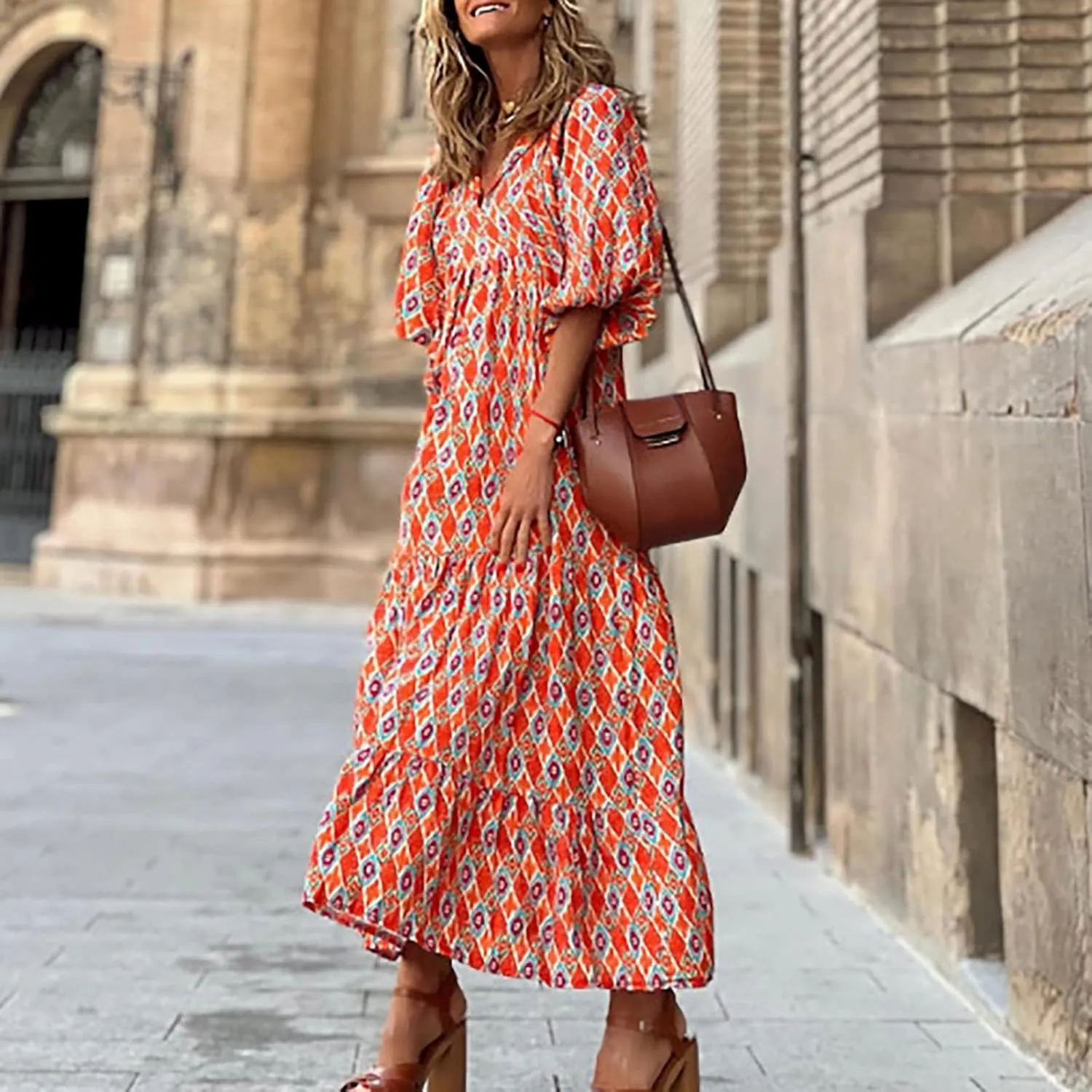 Boho Maxi Dresses for Women 2025 Summer Casual Loose Fit Long Beach Dress Half Sleeve V Neck Flowy Tiered Sundresses