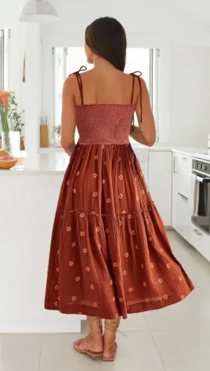 Boho Spaghetti Strap Long Dress Summer Embroidered Floral Smocked Dress Flowy Maxi Beach Sun Dresses for Women 2024