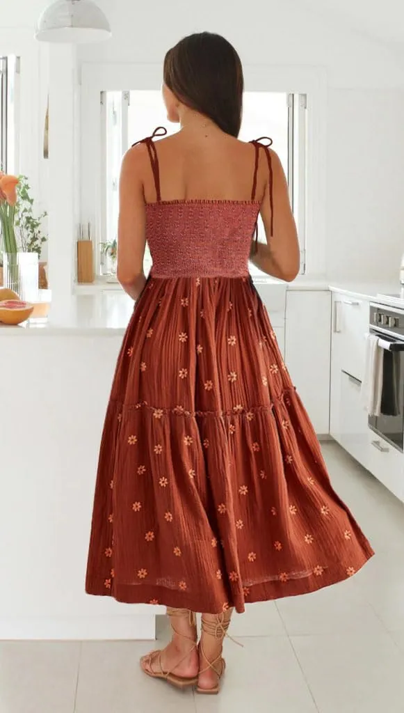 Boho Spaghetti Strap Long Dress Summer Embroidered Floral Smocked Dress Flowy Maxi Beach Sun Dresses for Women 2024