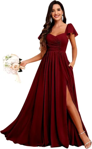 Bridesmaid Dresses Long with Sleeves for Wedding A-Line Chiffon Pleated Formal Party Gown with Pockets