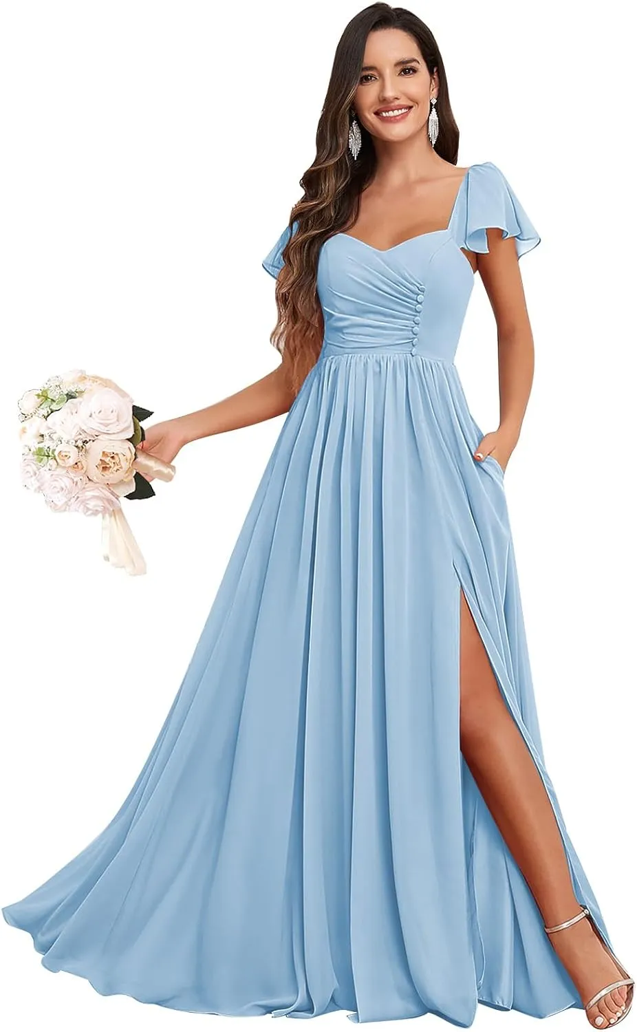Bridesmaid Dresses Long with Sleeves for Wedding A-Line Chiffon Pleated Formal Party Gown with Pockets