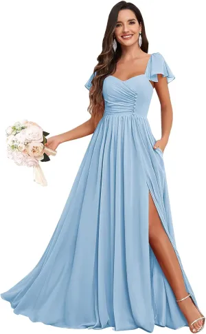 Bridesmaid Dresses Long with Sleeves for Wedding A-Line Chiffon Pleated Formal Party Gown with Pockets