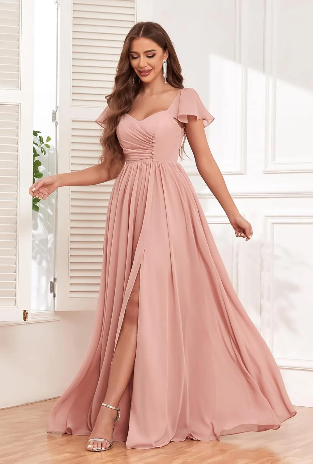 Bridesmaid Dresses Long with Sleeves for Wedding A-Line Chiffon Pleated Formal Party Gown with Pockets