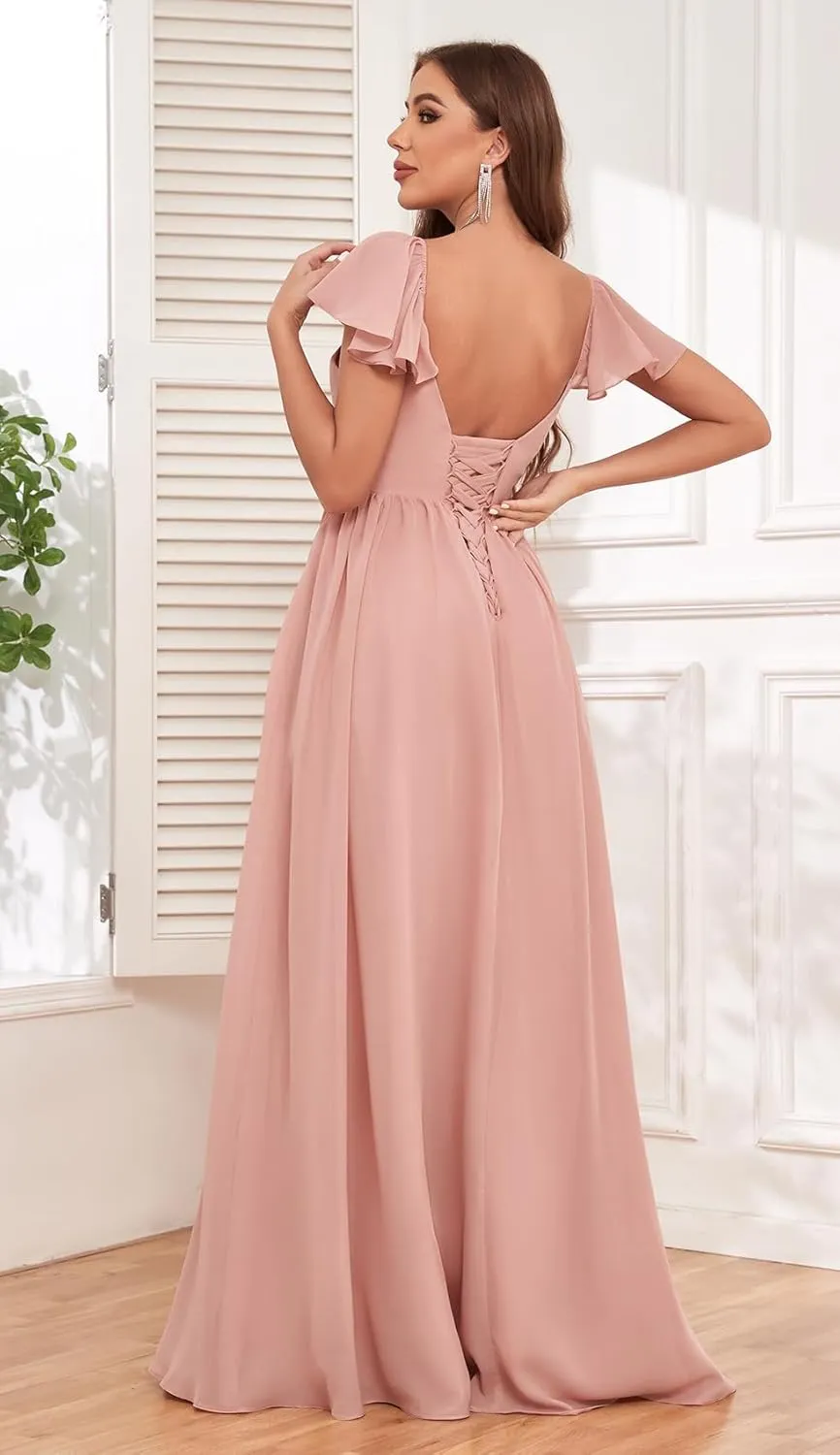 Bridesmaid Dresses Long with Sleeves for Wedding A-Line Chiffon Pleated Formal Party Gown with Pockets